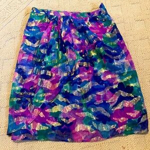 Vintage fairy metallic A-Line Skirt 90s 80s
Vibrant multi-coloured silk midi